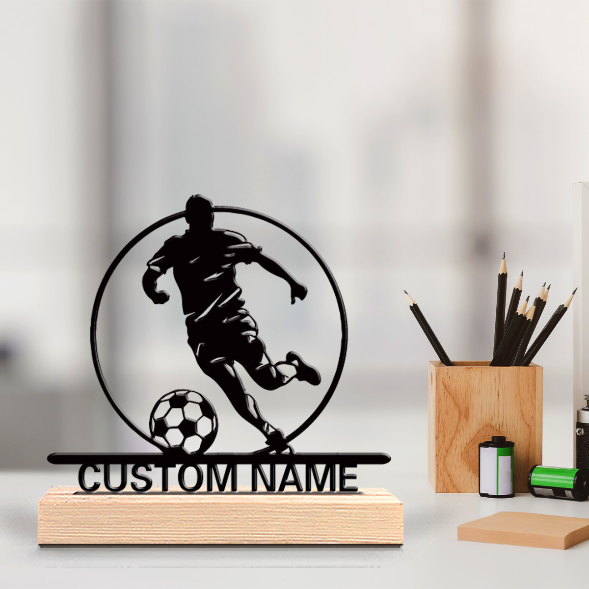 Desktop Laser Engraver - カスタムサッカー選手メタル像（名前入り）、木製台座付きテーブルデコレーション、サッカーファンへのギフト、誕生日/祝日/自宅/オフィス装飾